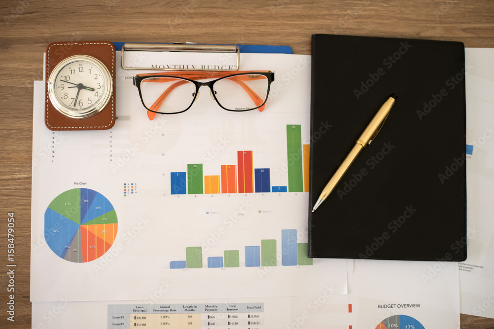 Poster business concept of office working and analysis graphics and clock on table