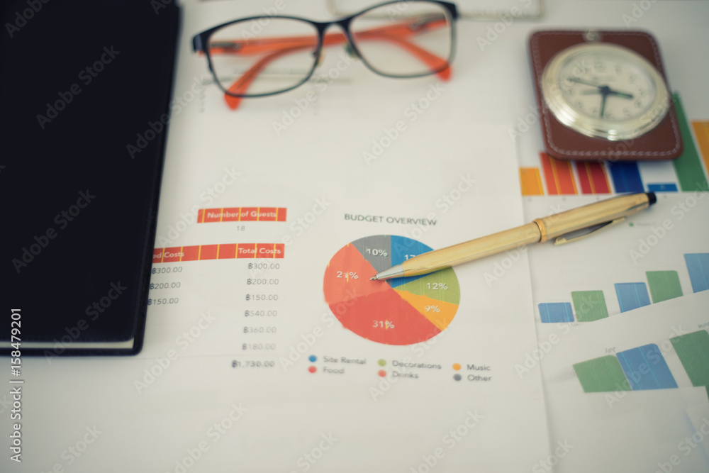 Poster business concept of office working and analysis graphics and clock on table