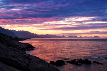 Midnight bright sunset right into the sea in Norway on Lofoten