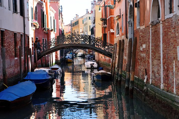 Fototapeta na wymiar Venice, Italy - scenic view of gondolas and grand canal, on background Saint Mark square