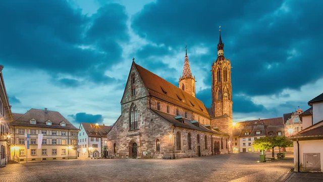 Cathedral on munsterplatz square in Villingen-Schwenningen at dusk, Germany (zoom in view)
