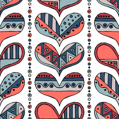 Vector hand drawn seamless pattern, decorative stylized childlike hearts. Doodle style, tribal graphic illustration Cute hand drawing in vintage colors. Series of doodle, cartoon, sketch illustrations - 158480034
