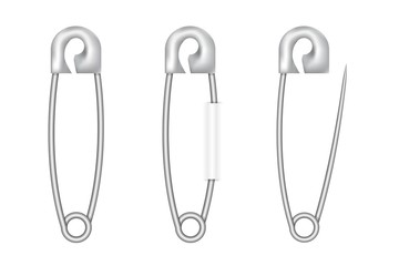  Realistic silver safety pin. Vector illustration.