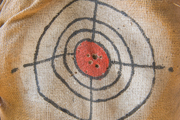 Target gun with bullet holes over sack background