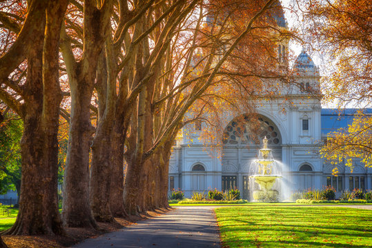A row of trees leading to a fountain in front of the Royal Exhibition building at Carlton Gardens in Melbourne, Australia. © Adam Calaitzis