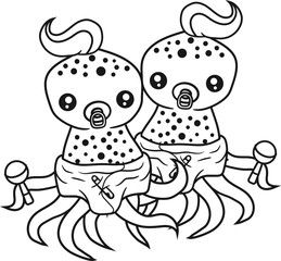 Obraz premium geschwister brüder schwestern 2 freunde team schnuller windel rassel tintenfisch tentakel klein süß niedlich oktopus krake geist unterwasser monster kind baby