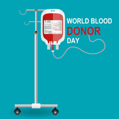 Blood bag and hand of donor. Blood donation day concept. Human donates blood. Vector illustration in flat style.