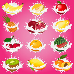 Fruits and milk colourful inscription in the center on pink background. Vector illustration in flat design