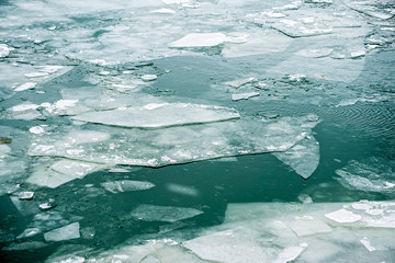 river or lake thin icebergs floating during tide
