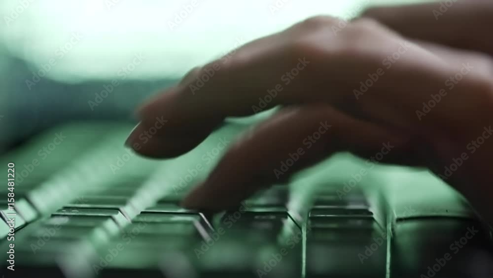 Wall mural closeup shot of hands of female hacker typing on computer keyboard