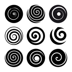 Set of spiral motion elements. Black isolated objects, different brush textures, vector illustrations.