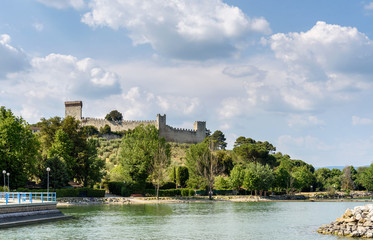 Trasimeno lake and medieval fortress in Castiglione del lago, italy