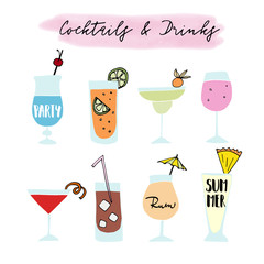 Set of hand drawn alcoholic drinks, cocktails with lettering quotes. Summer holiday and beach party concept. Isolated vector icons.