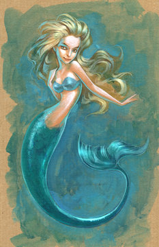 Hand drawn illustration of a mythological creature beautiful sea mermaid lady
