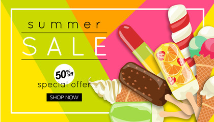 Trendy summer sale banner design with ice cream, vector illustration