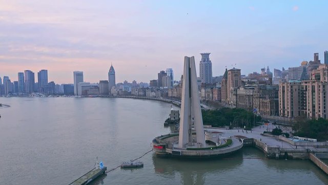 River Boats on the Huangpu River and Background of Skyline of the Northern Part of Puxi