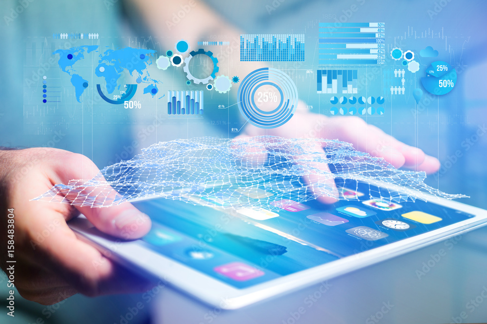 Poster business stats displayed as graph and chart on a futuristic interface - business concept