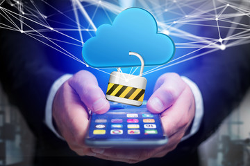 Padlock security connected to a cloud displayed on a futuristic interface - Connection concept