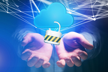 Padlock security connected to a cloud displayed on a futuristic interface - Connection concept