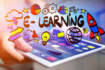 Concept of man holding interactive interface with e-learning title and multimedia icons flying all...