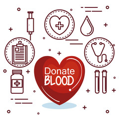 Fototapeta na wymiar Red heart with donate blood sign and healthcare related items stickers over white background vector illustration