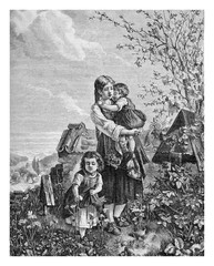 Orfan girls visit the Mother's grave, engraving from XIX century