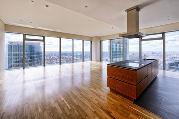 Modern interior in a new luxury house with panoramic windows.