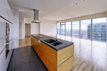 Modern interior in a new luxury house with panoramic windows.