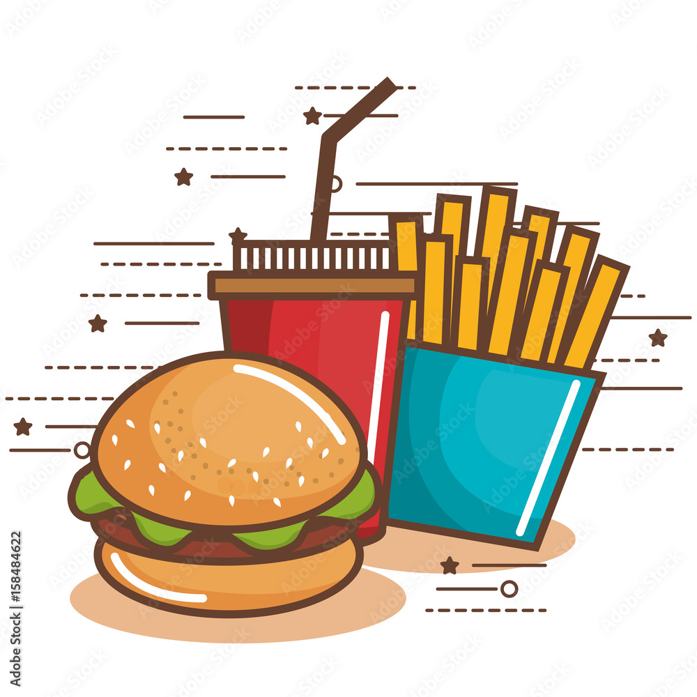 Wall mural Colorful soda cup french fries and hamburger over white background  vector illustration