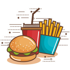 Colorful soda cup french fries and hamburger over white background  vector illustration