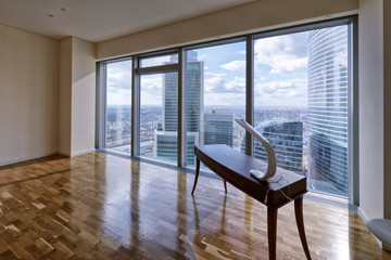Modern interior in a new luxury house with panoramic windows.