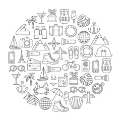 round design element with traveling and tourism icons