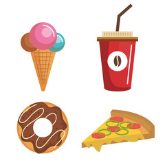 Colorful sweet food and pizza over white background vector illustration