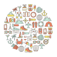 round design element with traveling and tourism icons