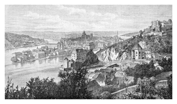 Panoramic view od Passau, Bavaria - engraving from XIX century