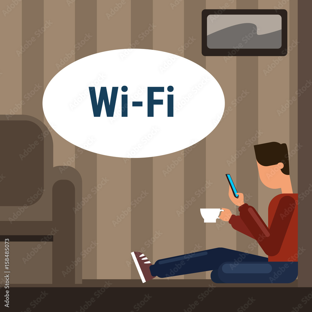Poster man sitting on floor at home use cell smart phone internet through wifi wireless online connection v