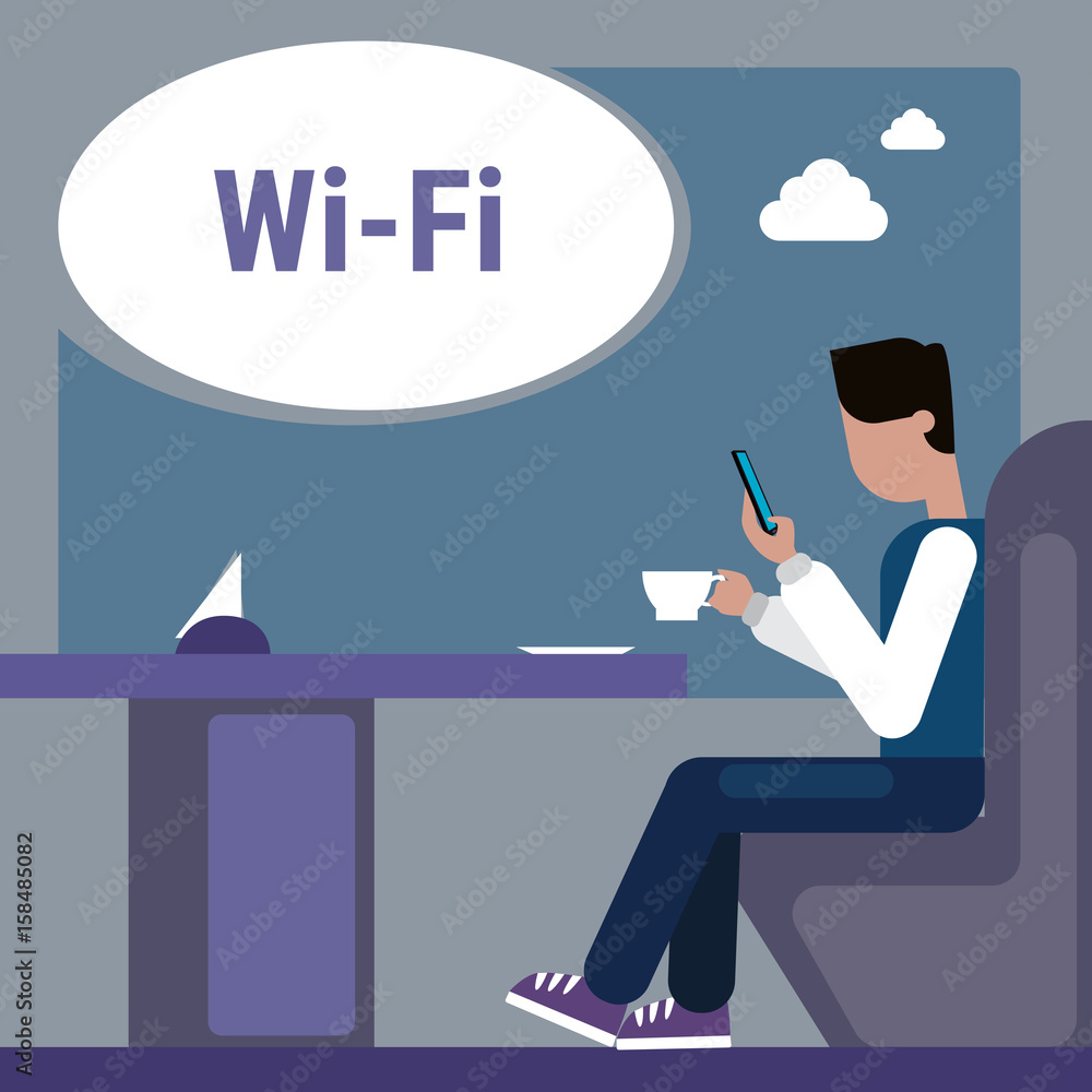 Poster man sitting at cafe table use cell smart phone internet through wifi wireless online connection vect
