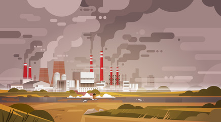 Nature Pollution Plant Pipe Dirty Waste Air And Water Polluted Environment Flat Vector Illustration