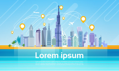 Dubai City Skyscraper View With Gps Navigation Pins Cityscape Background Skyline with Copy Space Flat Vector Illustration