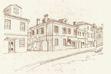 Vector sketch of architecture of Burano island, Venice, Italy.