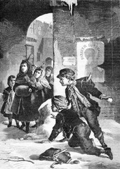Snowball attack, boys concealed in the street waiting for aim target, vintage engraving