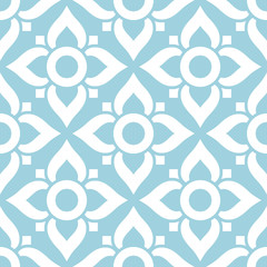 Thai seamless pattern with flowers - tiled design in white on blue background