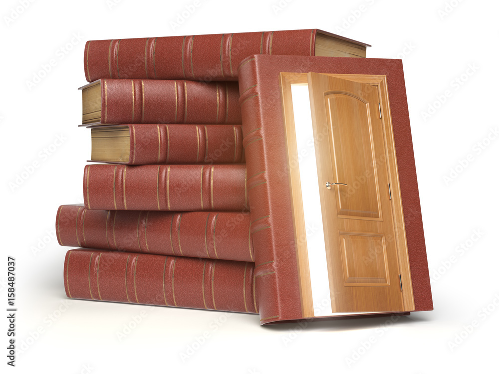 Poster education, knowledge and reading concept. pile of old red books and door with light isolated on whit