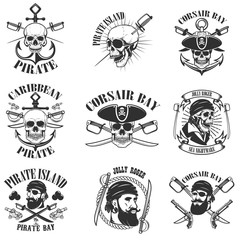 pirate emblems onwhite background. Corsair skulls, weapon, swords,guns. Design elements for logo, label, emblem, sign, poster, t-shirt. Vector illustration