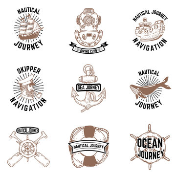 Set of hand drawn nautical emblems. Skipper, anchor, vessel, diver helmet. Design elements for label, emblem, sign, badge, poster, t-shirt.