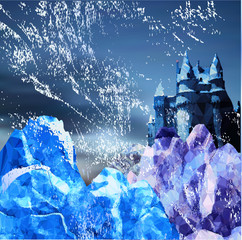 Winter snowy landscape with mountains, castle and blizzard. Blue, white and black polygonal landscape with dark sky and snowstorm