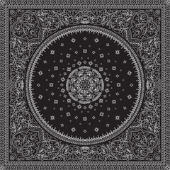Victorian floral paisley medallion ornamental rug vector. Ethnic mandala towel frame. Vintage flower tile. Black and white. Textile, greeting business card, coloring book, phone case print
