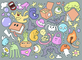 Abstarct funny cartoon doodle illustration with lots of different fantasy creatures