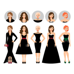 Young woman in different black dresses