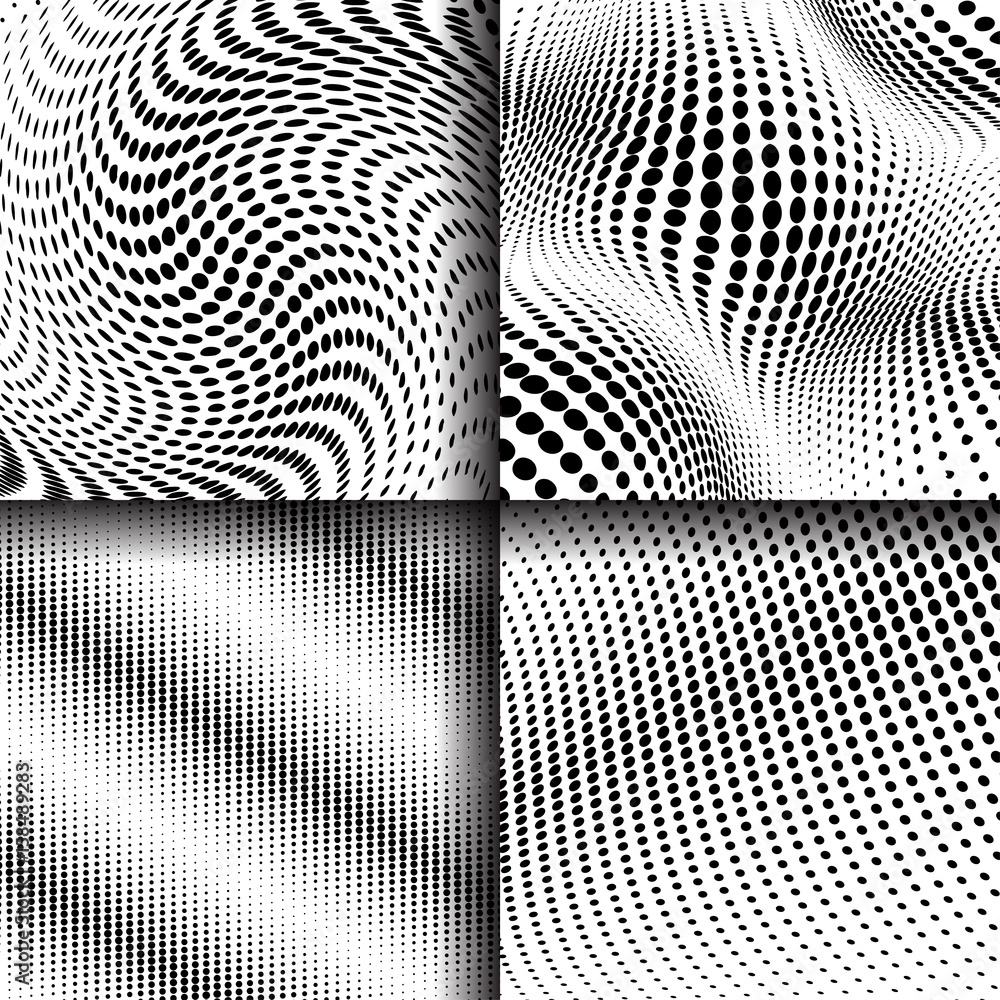 Poster set of 4 halftone dots patterns. vector monochrome backgrounds